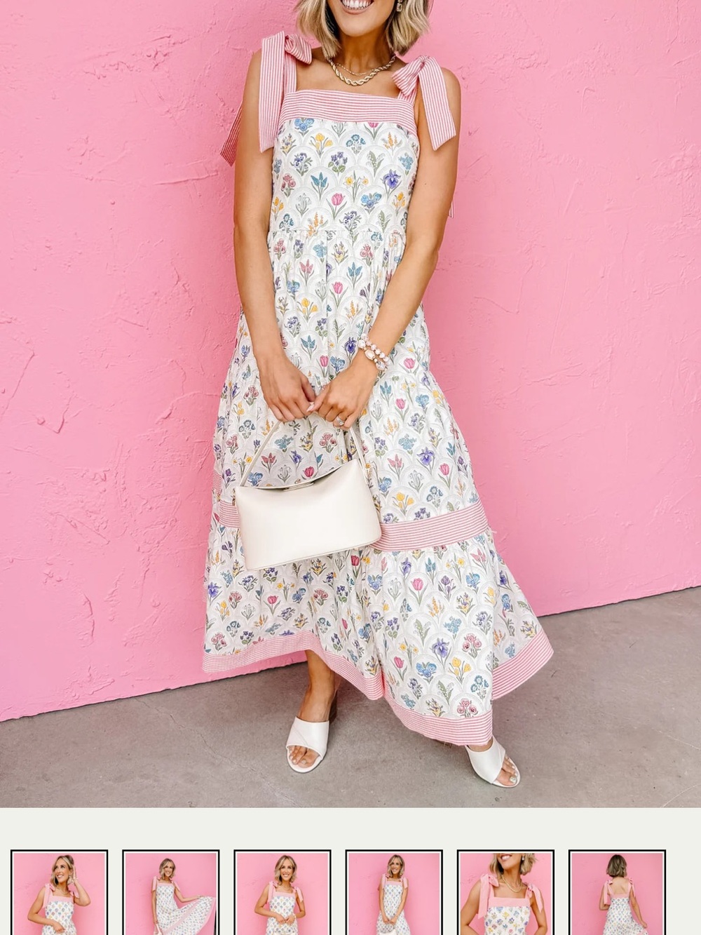 Striped-Trim Floral Maxi Dress with Bow Shoulder Ties - Pink